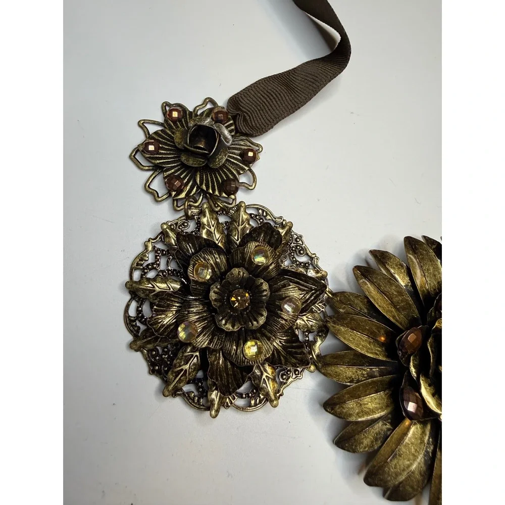 Cara New York Antique Brass Tone Floral Crystal Ribbon Tie Statement Necklace
